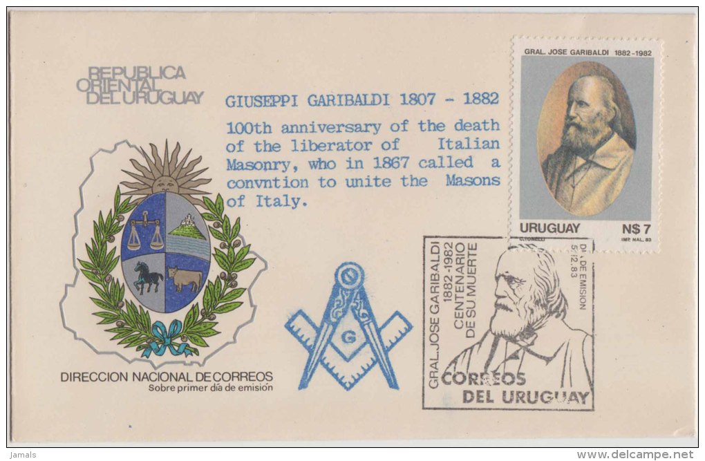 Freemasonry, Compass, GARIBALDI, The Great Mason From Italy, Masonic Cover, Uruguay - Freemasonry