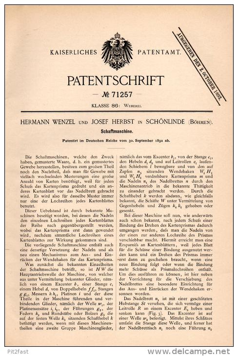 Original Patentschrift - H. Wenzel Und J. Herbst In Schönlinde / Krásná Lipa , 1892 , Schaftmaschine , Weberei , Weber ! - Maschinen