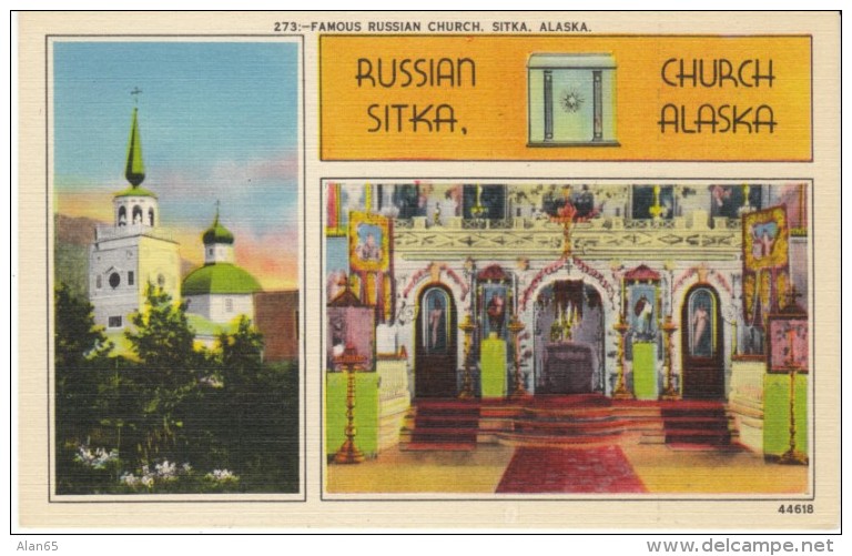 Sitka Alaska, Interior Russian Church, Icons, Religion, C1930s Vintage Linen Postcard - Sitka