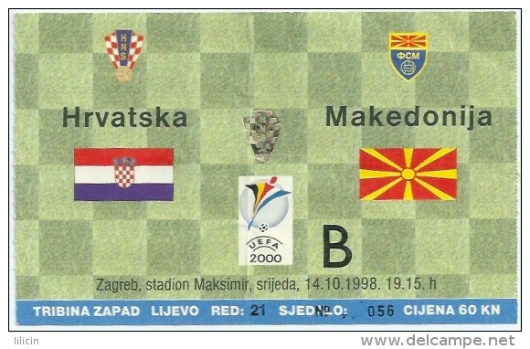 Sport Match Ticket UL000096 - Football (Soccer): Croatia Vs Macedonia: 1998-10-14 - Eintrittskarten