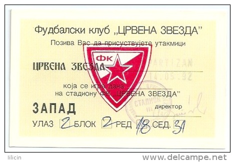 Sport Match Ticket UL000107 - Football (Soccer): Crvena Zvezda (Red Star) Belgrade Vs Partizan: 1992-05-14 - Eintrittskarten