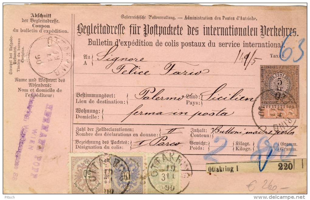 Österreich - Paketkarte 1890 Nach Palermo 50+10+3 1883 - Lettres & Documents