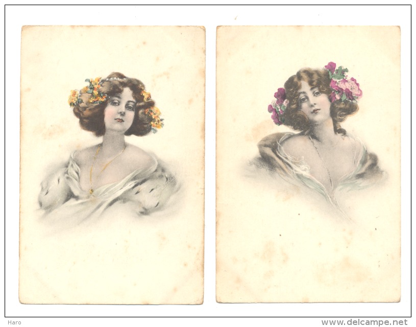 FANTAISIE -Illustrateur Otto Schilbach  - Femme Aux épaules Dénudées Et Fleurs Dans Les Cheveux-Lot De 2 CP (2026)b130 - Schilbach