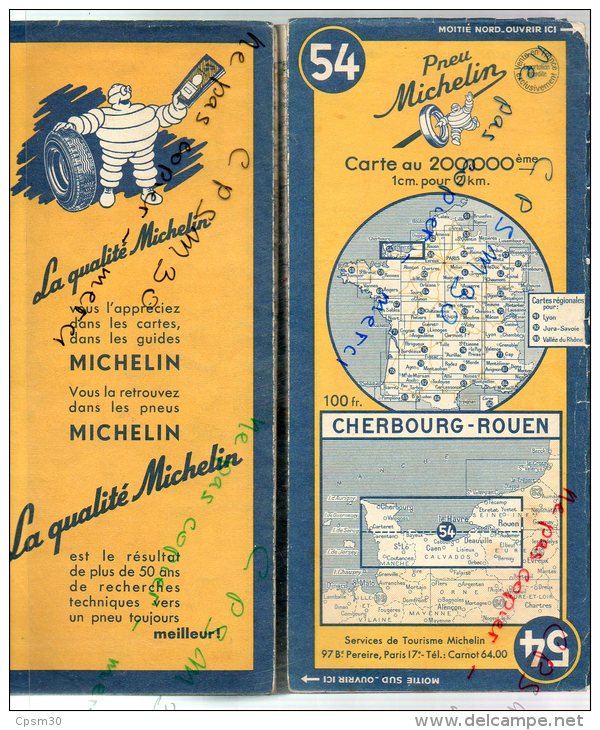 Carte Géographique MICHELIN - N° 054 CHERBOURG - ROUEN 1950 - Roadmaps