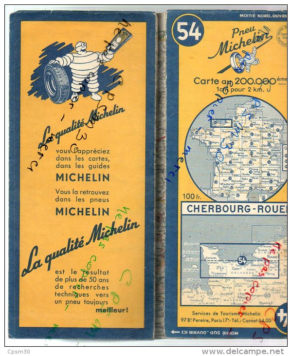 Carte Géographique MICHELIN - N° 054 CHERBOURG - ROUEN 1950 - Roadmaps