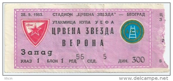 Sport Match Ticket UL000137 - Football (Soccer): Crvena Zvezda (Red Star) Belgrade Vs Verona: 1983-09-28 - Match Tickets