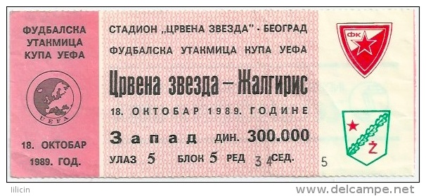 Sport Match Ticket UL000147 - Football (Soccer): Crvena Zvezda (Red Star) Belgrade Vs Zalgiris Vilnius: 1989-10-18 - Match Tickets