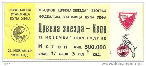 Sport Match Ticket UL000149 - Football (Soccer): Crvena Zvezda (Red Star) Belgrade Vs Köln: 1989-11-22 - Match Tickets