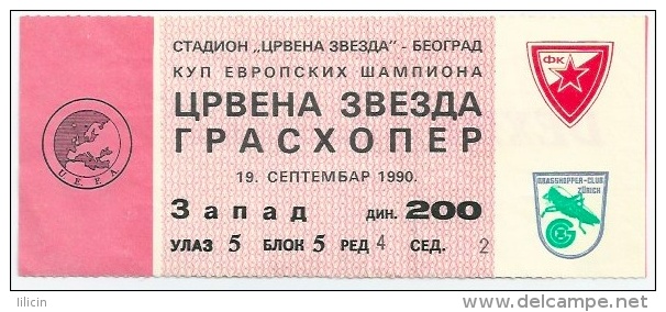 Sport Match Ticket UL000151 - Football (Soccer): Crvena Zvezda (Red Star) Belgrade Vs Grasshopper: 1990-09-19 - Tickets D'entrée