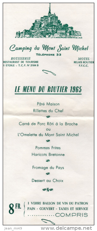 MENU - Camping Du Mont Saint Michel - LE MENU DU ROUTIER 1965 - Menus