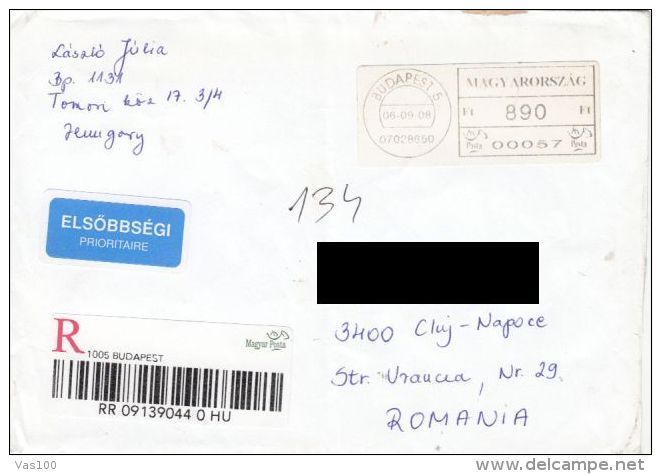 AMOUNT 890, BUDAPEST, MACHINE STAMPS ON REGISTERED COVER, 2008, HUNGARY - Cartas & Documentos