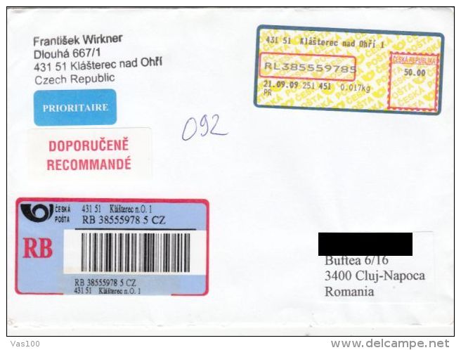 AMOUNT 50, BARCODES, MACHINE STAMPS ON REGISTERED COVER, 2009, CZECH REPUBLIK - Lettres & Documents