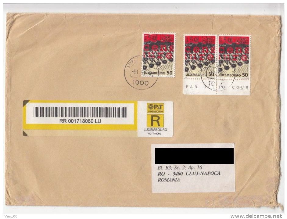TIPING MACHINE, BARCODE, STAMPS ON REGISTERED COVER, 1998, LUXEMBOURG - Storia Postale