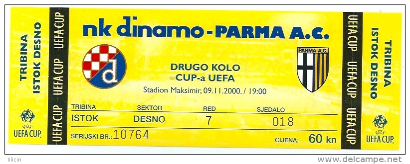 Sport Match Ticket UL000164 - Football (Soccer): Dinamo Vs Parma: 2000-11-09 - Match Tickets