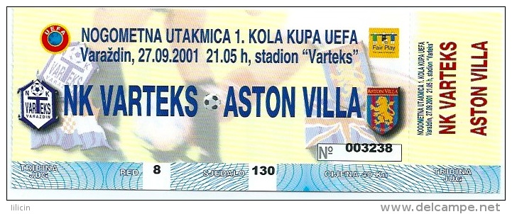 Sport Match Ticket UL000169 - Football (Soccer): Varteks Vs Aston Villa: 2001-09-27 - Match Tickets