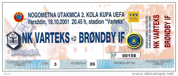 Sport Match Ticket UL000171 - Football (Soccer): Varteks Vs Brondby: 2001-10-18 - Tickets & Toegangskaarten