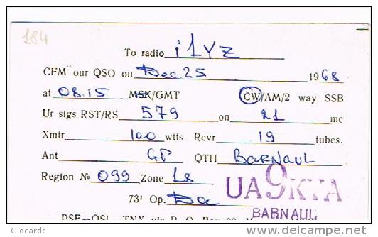 QSL CARD - URSS, BARNAUL  - 1968       -  RIF. 184 - Radio Amatoriale
