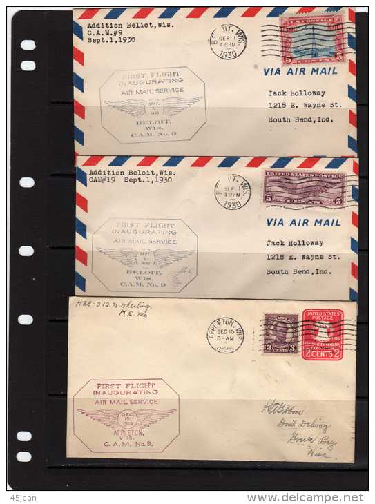 U.S.A: 1928-30 5 Belles Lettres 1er Vol Posttal C.A.M N°9 - 1c. 1918-1940 Briefe U. Dokumente