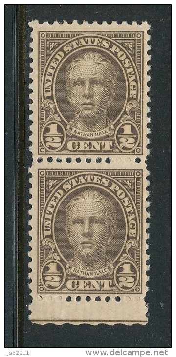 USA 1925 Scott 551. Nathan Hale, 1/2c Olive Brown, Vertical Pair Perforated 11, MNH (**) - Ungebraucht