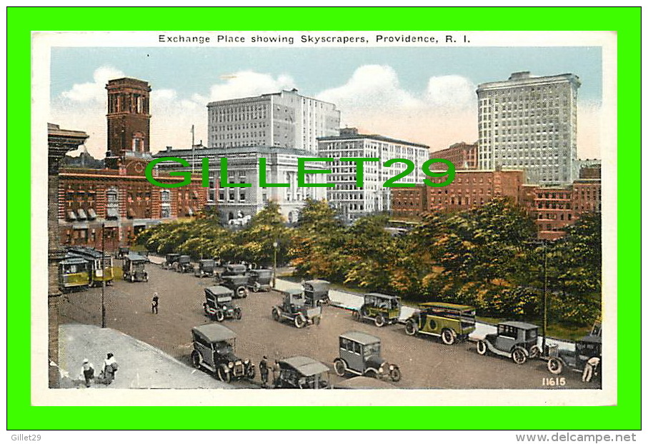 PROVIDENCE, RI - EXCHANGE PLACE SHOWING SKYSCRAPERS - ANIMATED WITH OLD CARS  - PUB. BY BERGER BROS - - Providence