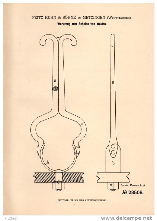 Original Patentschrift - F. Kuhn In Metzingen I. Württ., 1884 , Werkzeug Zum Schälen Von Weiden , Flechterei , Korb !!! - Reutlingen