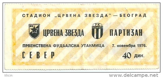 Sport Match Ticket UL000203 - Football (Soccer): Crvena Zvezda (Red Star) Belgrade Vs Partizan 1976-11-07 - Match Tickets