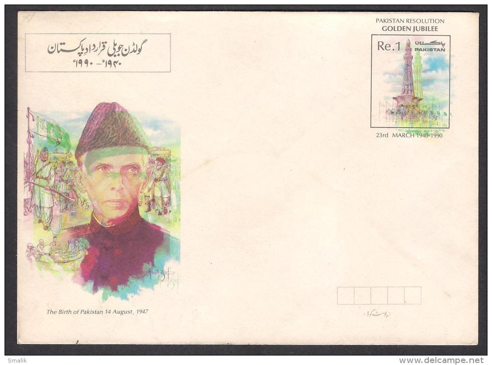 {HS-4} PAKISTAN 1990 Jinnah Stationery Re.1 Golden Jubilee Envelope ERROR Colour Shifting + Normal One - Pakistan