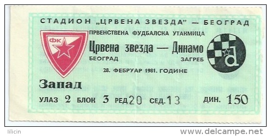 Sport Match Ticket UL000217 - Football (Soccer): Crvena Zvezda (Red Star) Belgrade Vs Dinamo Zagreb 1981-02-28 - Match Tickets