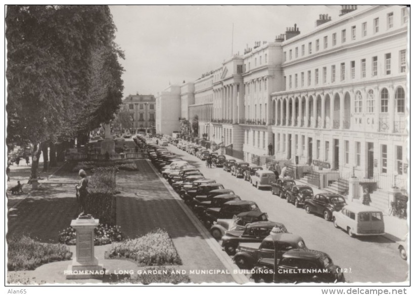 Cheltenham Gloucestershire UK, Promenade Long Garden Municipal Buildings, Autos, C1950s Vintage Postcard - Cheltenham