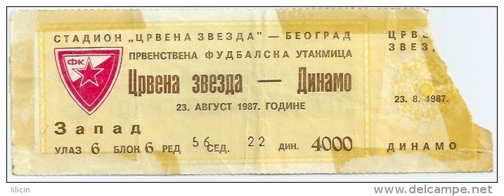 Sport Match Ticket UL000229 - Football (Soccer): Crvena Zvezda (Red Star) Belgrade Vs Dinamo Zagreb: 1987-08-23 - Match Tickets