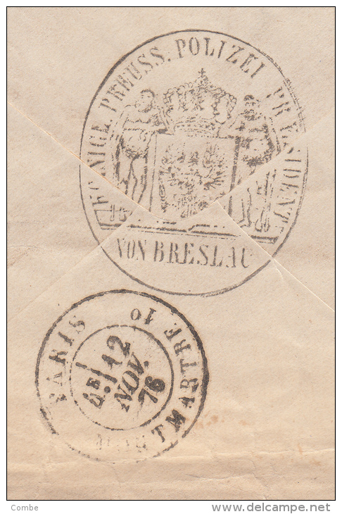 1876, Lettre, Poland, BRESLAU, PARIS, Verso Cachet +++ KONIGE PREUSS POLIZEI PR PRESIDENT VON BRESLAU,Taxe / 732 - 1849-1876: Classic Period