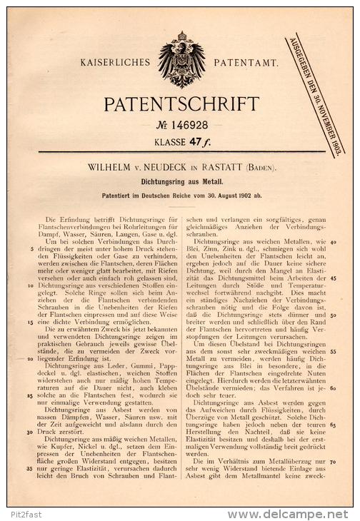 Original Patentschrift - Wihelm Von Neudeck In Rastatt , 1902 , Dichtungsring Aus Metall , Leitung , Metallbau !!! - Rastatt