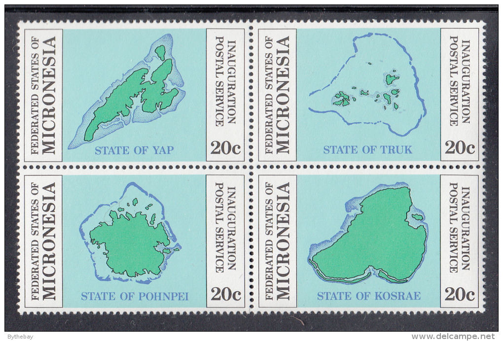 Micronesia MNH Scott #4a Block Of 4 20c Maps Of Islands - Inauguration Of Postal Service - Micronésie