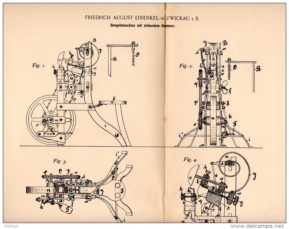 Original Patentschrift - F.A. Einenkel In Zwickau I.S., 1895 , Dengelmaschine , Landwirtschaft , Metallbau !!! - Zwickau