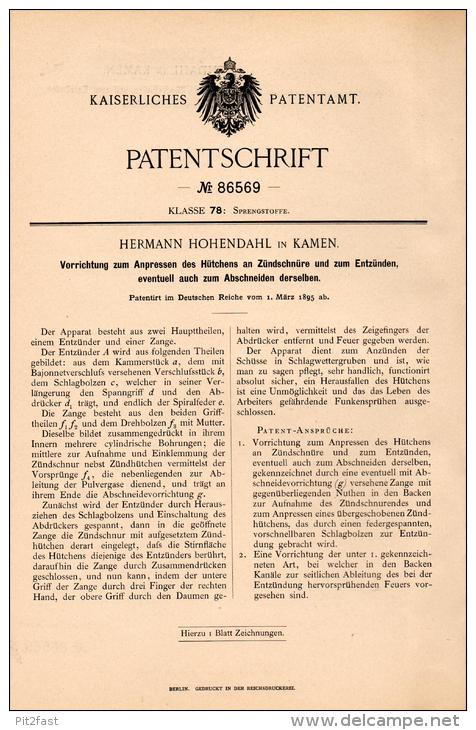 Original Patentschrift - H. Hohendahl In Kamen , 1895 , Zündschnur - Vorrichtung Für Sprengstoff , Zünder !!! - Kamen