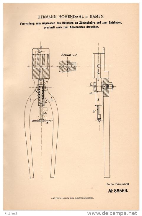 Original Patentschrift - H. Hohendahl In Kamen , 1895 , Zündschnur - Vorrichtung Für Sprengstoff , Zünder !!! - Kamen