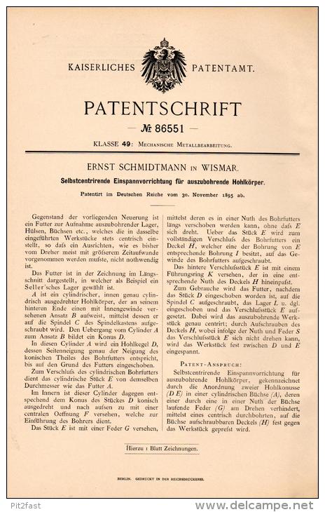 Original Patentschrift - E. Schmidtmann In Wismar I. Meckl., 1895 , Einspanner Für Hohlkörper , Metallbau , Mecklenburg - Wismar