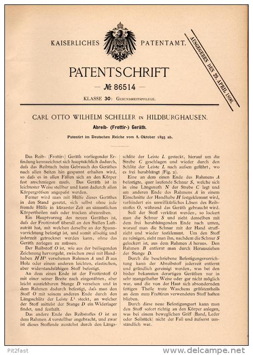 Original Patentschrift - C. Scheller In Hildurghausen , 1895 , Frottiergerät Für Körper , Hygiene , Gesundheit !!! - Hildburghausen