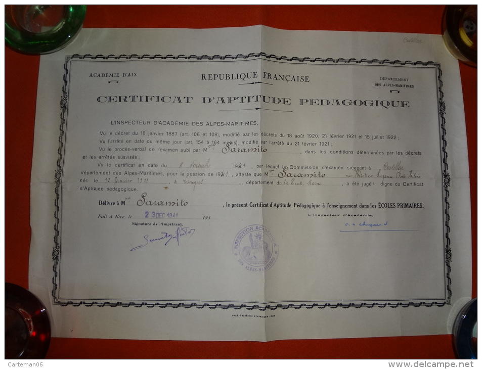 Certificat D'aptitude Pédagogique - Académie D'Aix - Commission De Castellar - Diplomas Y Calificaciones Escolares