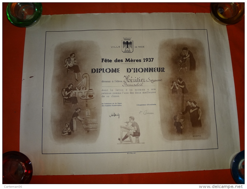 Diplôme D'honneur, Fête Des Mères 1937 - Elève à Beausoleil - Ville De Nice - Diploma's En Schoolrapporten