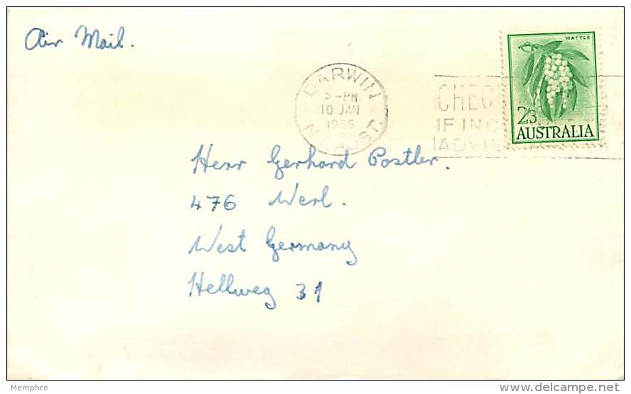 1966  Air Letter To Germany  2/3 White Wattle  Solo Use - Covers & Documents