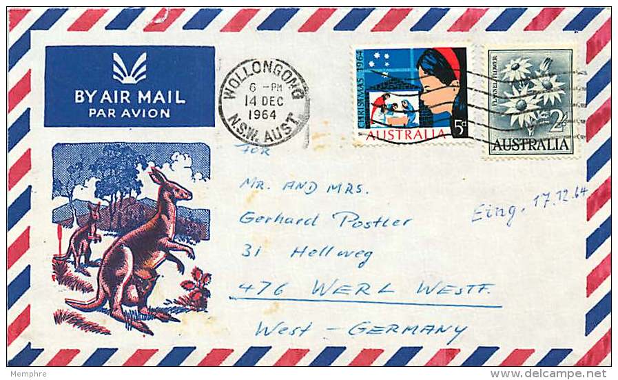 1964  Air Letter To Germany  2/- Flannel Flower, 5d Xmas Kangaroo Illustrated Cover  Front Only - Storia Postale