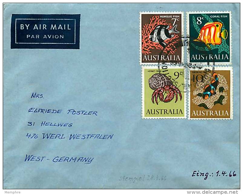 1966  Air Letter To Germany   7, 8, 9 And 10 C. Fishes - Covers & Documents