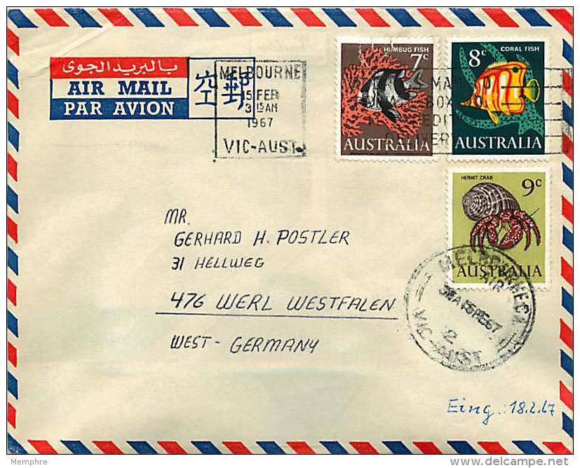 1967 Air Letter To Germany   7, 8 And 9 C. Fishes - Storia Postale