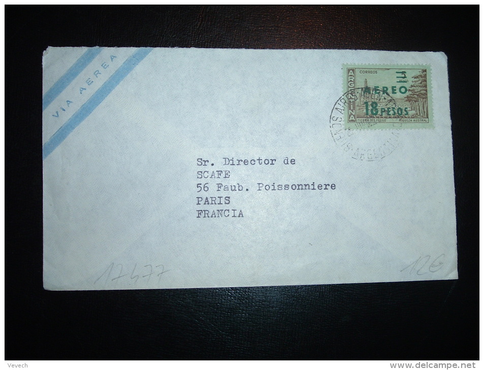 LETTRE PAR AVION POUR FRANCE TP TIERKA DEL FUEGO 5P SURCHARGE AEREO 18 PESOS OBL. 12 JUN ? BUENOS AIRES ACEN 12 - Cartas & Documentos