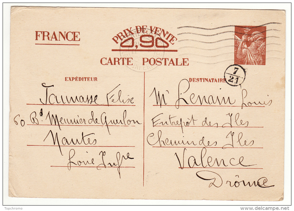 Carte Postale Pré Timbrée Cachet Nantes 1940 Prix De Vente 0,90 - 1939-45