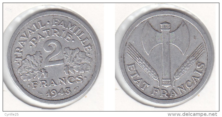 2 FRANCS Alu 1943 ETAT FRANCAIS - Autres & Non Classés