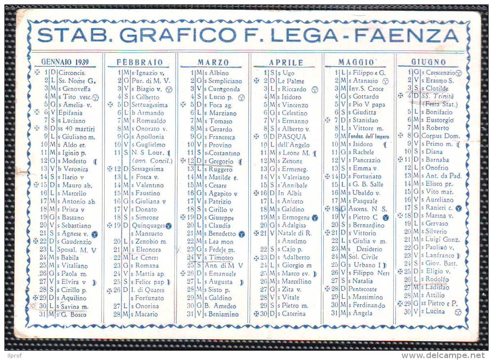 1939 Calendario   Tascabile 2 Facciate , Lega Faenza - Tamaño Pequeño : 1941-60