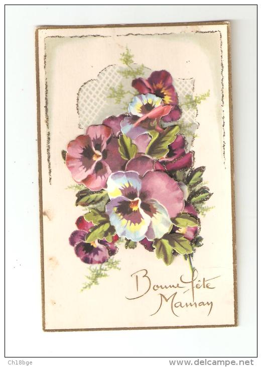 Carte à Système : Fleurs ( Pensées ) En 2 Plans ( Ajoutis ) +  Paillettes  " Bonne Fête Maman" - Mother's Day