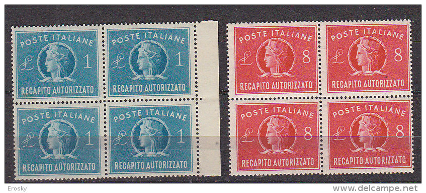 Y6190 - ITALIA RECAPITO Ss N°8/9 - ITALIE EXPRES Yv N°33/34 ** Quartina Bloc - Express-post/pneumatisch